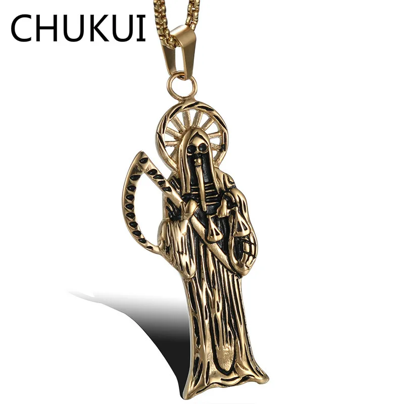 CHUKUI Biker Jewelry Santa Muerte Pendant Necklace Vintage Gold Stainless Steel Occult Magic Holy Saint Death Santa Necklaces
CHUKUI Biker Jewelry Santa Muerte Pendant Necklace Vintage Gold Stainless Steel Occult Magic Holy Saint Death Santa Necklaces