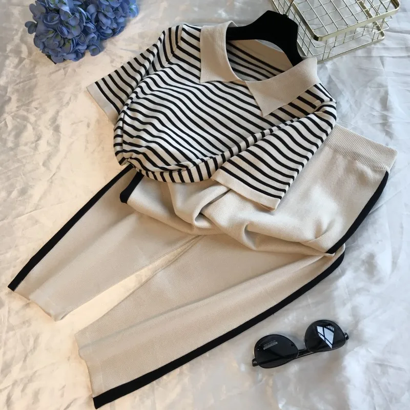 2019 New Spring Summer Women Sports Suit Leisure Ice Silk Knitted Stripe Short Sleeve T-shirt + Knit Pants Girls Two-piece Set
2019 New Spring Summer Women Sports Suit Leisure Ice Silk Knitted Stripe Short Sleeve T-shirt + Knit Pants Girls Two-piece Set