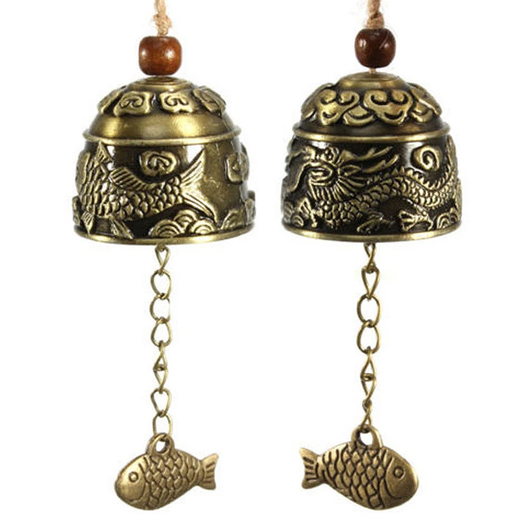 

New Chinese Dragon/Fish Pattern Hanging Car Wind Chime Fortune Zinc Alloy Wind Bell with Hemp Rope