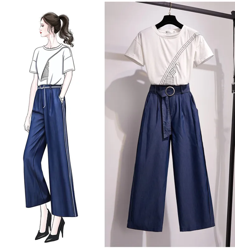 Women 2 Piece Sets 2019 Summer Short Sleeve Embroidery Cotton O-neck White T-Shirt and Long Full Denim Pant Loose Elastic Waist 
Women 2 Piece Sets 2019 Summer Short Sleeve Embroidery Cotton O-neck White T-Shirt and Long Full Denim Pant Loose Elastic Waist