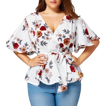 Fashion Women's Blouse Plus Size Sexy V-Neck Floral Print Flare Sleeve Belted Surplice Peplum Tops Blouse blusas feminina Loose
Fashion Women's Blouse Plus Size Sexy V-Neck Floral Print Flare Sleeve Belted Surplice Peplum Tops Blouse blusas feminina Loose