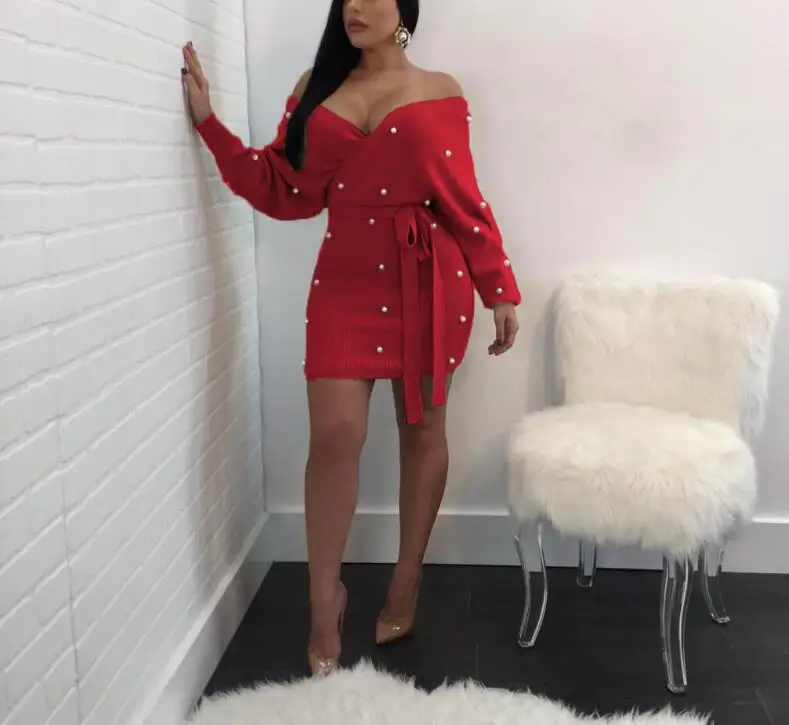Red pearl accent with open shoulders Bodycon dress Sexy V Neck back with long sleeves Belt Mini Club Party Dresses Vestidos
Red pearl accent with open shoulders Bodycon dress Sexy V Neck back with long sleeves Belt Mini Club Party Dresses Vestidos
