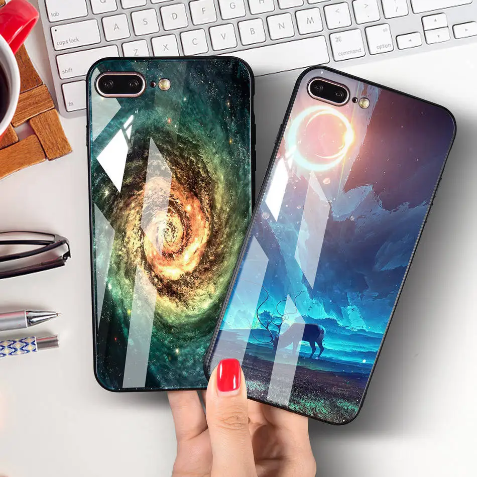 TOMKAS Space Star Case For iPhone X Case Tempered Glass Patterned For iPhone 7 6 Plus 6s 8 Cases Glossy TPU Soft Edge Cover