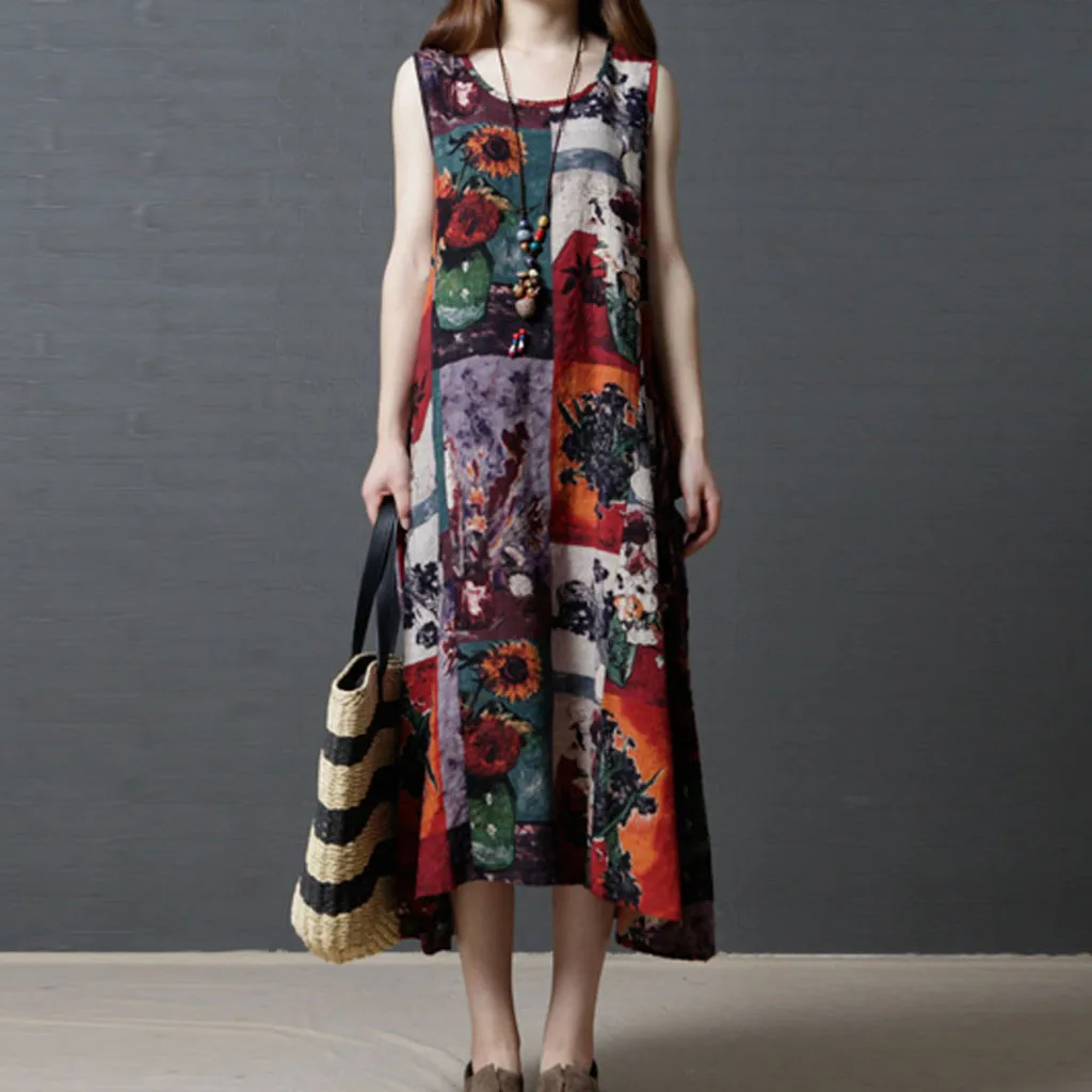 Женское хлопковое длинное льняное платье повседневное с цветочным принтом