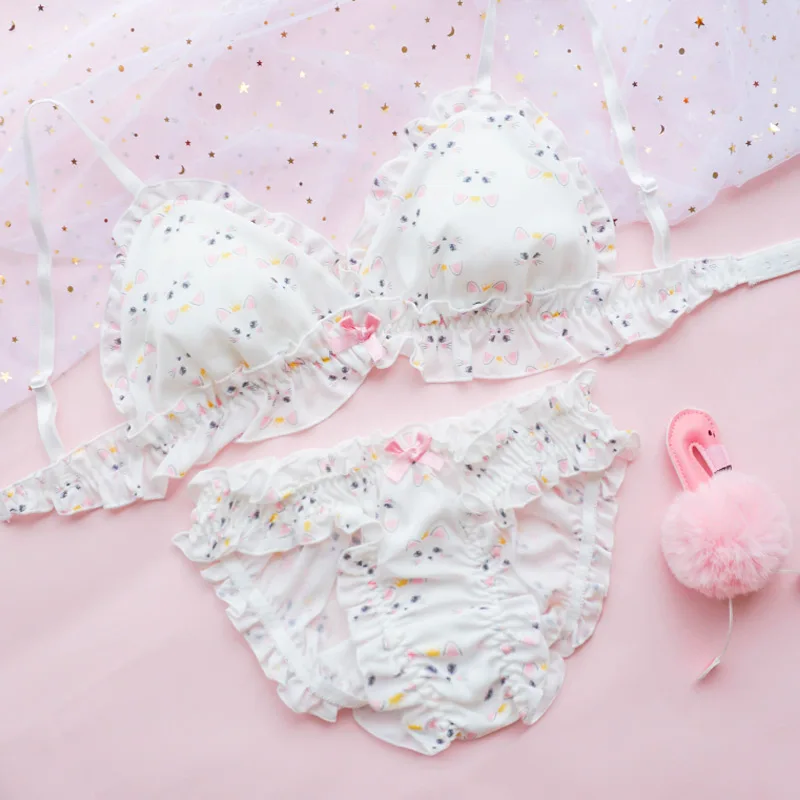 Super Cute Cat Pattern Printed Japanese Chiffon Bra & Panties Set Wirefree Underwear Sleep Intimates Set Kawaii Lolita White
Super Cute Cat Pattern Printed Japanese Chiffon Bra & Panties Set Wirefree Underwear Sleep Intimates Set Kawaii Lolita White