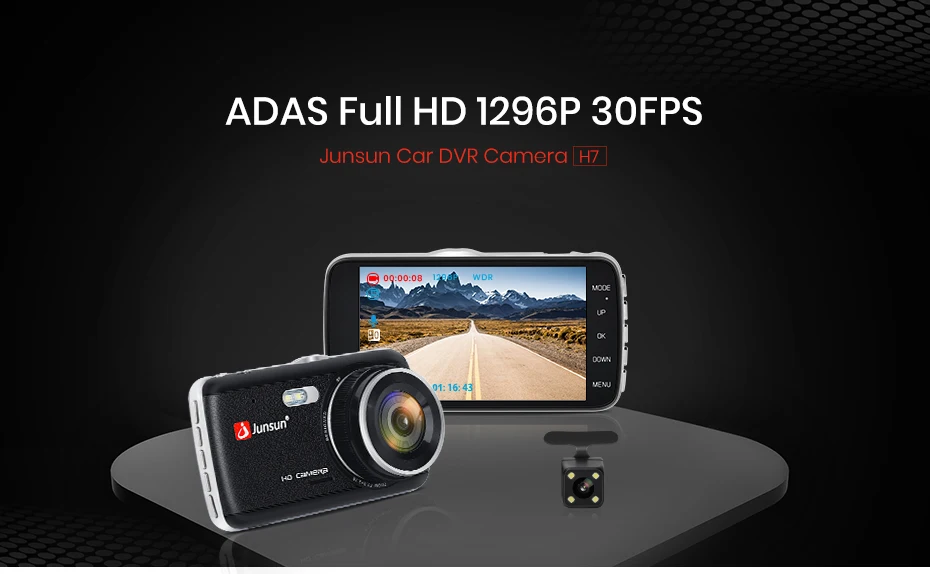 Junsun 4.0" LDWS Car DVR FHD 1296P Dual Lens Dash Cam Camera 170 Auto Registrator with Rear Camera WDR Night Version Voice Alarm