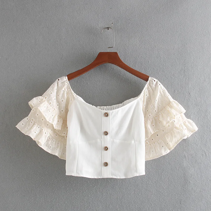 Women elegant embroidery hollow out blouse rufflles short sleeve buttons design crop top female cotton top blusas
Women elegant embroidery hollow out blouse rufflles short sleeve buttons design crop top female cotton top blusas