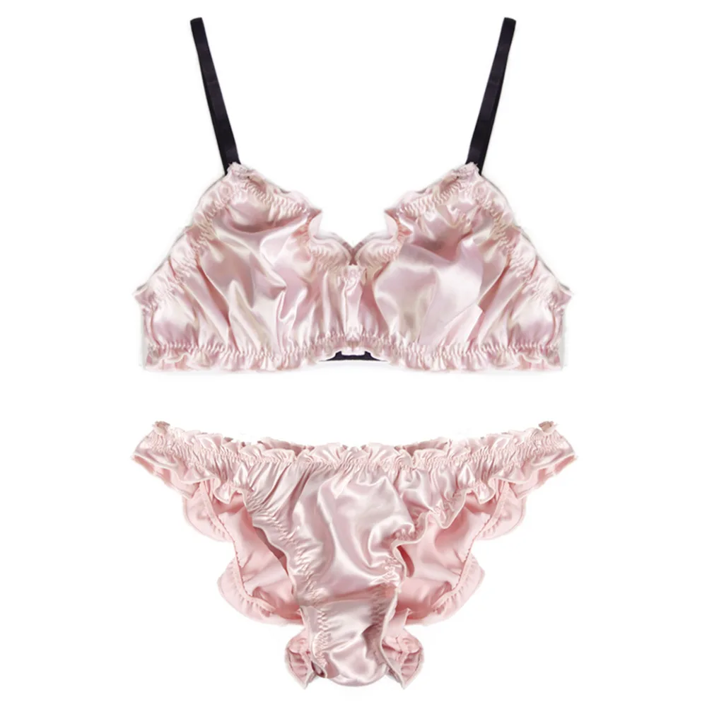 

Fashion Frilly Silk Bralet Lingerie Sexy Bra and Panty Set Wireless Seamless Triangle Thin Cup Women Underwear Lounge Bralette