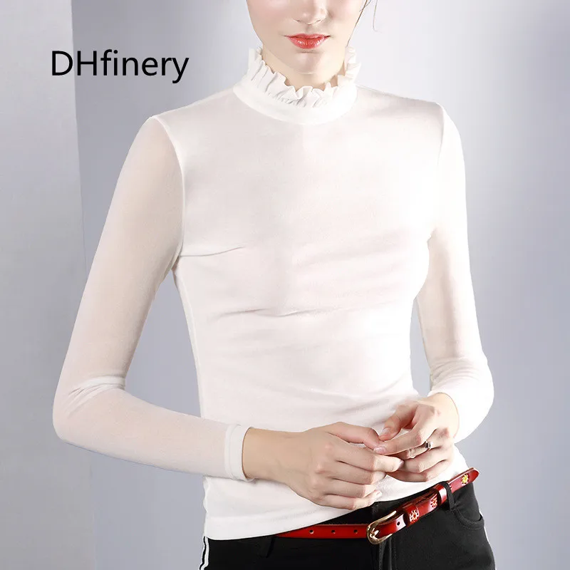 DHfinery t shirt feminina autumn winter long-sleeve ruffled mesh transparent tshirt black white caramel Elegant Tops sg27297
DHfinery t shirt feminina autumn winter long-sleeve ruffled mesh transparent tshirt black white caramel Elegant Tops sg27297