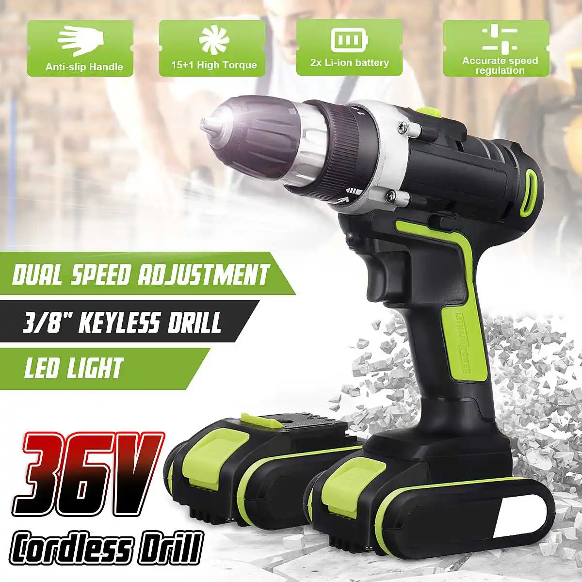 AC 100-240V 36V 25-28Nm Electric Cordless Drills Rechargeable Screwdriver Home Diy Tools With Two Batteries
AC 100-240V 36V 25-28Nm Electric Cordless Drills Rechargeable Screwdriver Home Diy Tools With Two Batteries