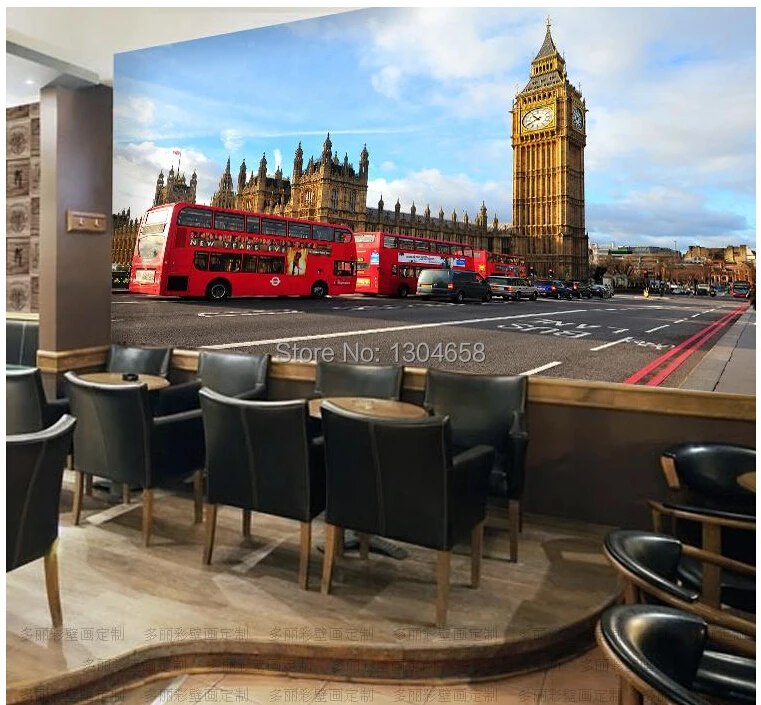 Free shipping custom retro style of England red bus Ben television background wall mural wallpaper | Обустройство дома