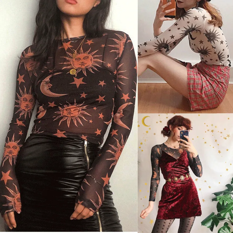 Hot Women Blouses Mesh Sheer See Through Long Sleeve Tops Fishnet Blouse Sun Star Impressionist Print Blouse Autumn Clothes
Hot Women Blouses Mesh Sheer See Through Long Sleeve Tops Fishnet Blouse Sun Star Impressionist Print Blouse Autumn Clothes