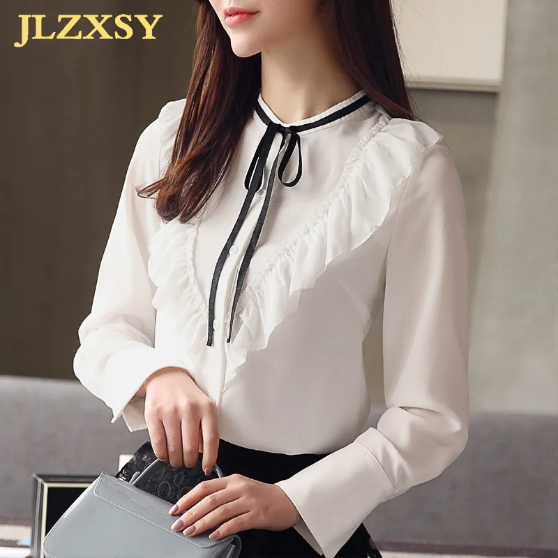 JLZXSY 2018 Spring OL Elegant Women Chiffon Blouse Dot Print Bow Tie Ruffles Collar Shirts Casual Long Sleeve College Shirt Tops |