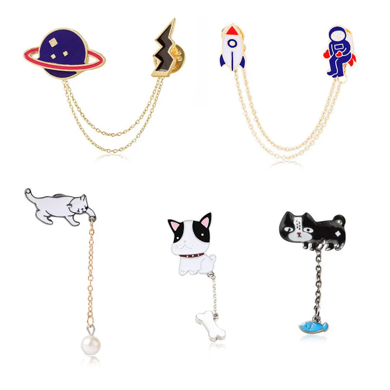 Fashion Cartoon Chain Brooches For Women Enamel Jewelry Planet Astronaut Cat Dog Fish Bone Pearl Men lapel pin Child Accessories
Fashion Cartoon Chain Brooches For Women Enamel Jewelry Planet Astronaut Cat Dog Fish Bone Pearl Men lapel pin Child Accessories