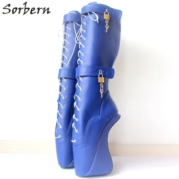 

Sorbern Women Boots 18CM Ultra High Hoof Heels Lockable Padlocks Fetish Sexy Pinup Lace Cross-tied Knee-High Ballet Boots for