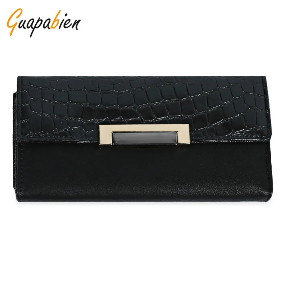 

Guapabien 2016 Black Women Crocodile Partten Long Wallet Leather Folder Wallet Hasp Zipper Card Holder Ladies Evening Money Bags