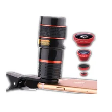 4 in 1 Mobile Phone Lens 12X Telephoto +0.65X Wide Angle +8X Macro +180Degrees Fisheye Universal Fish Eye lenses for Smartphone