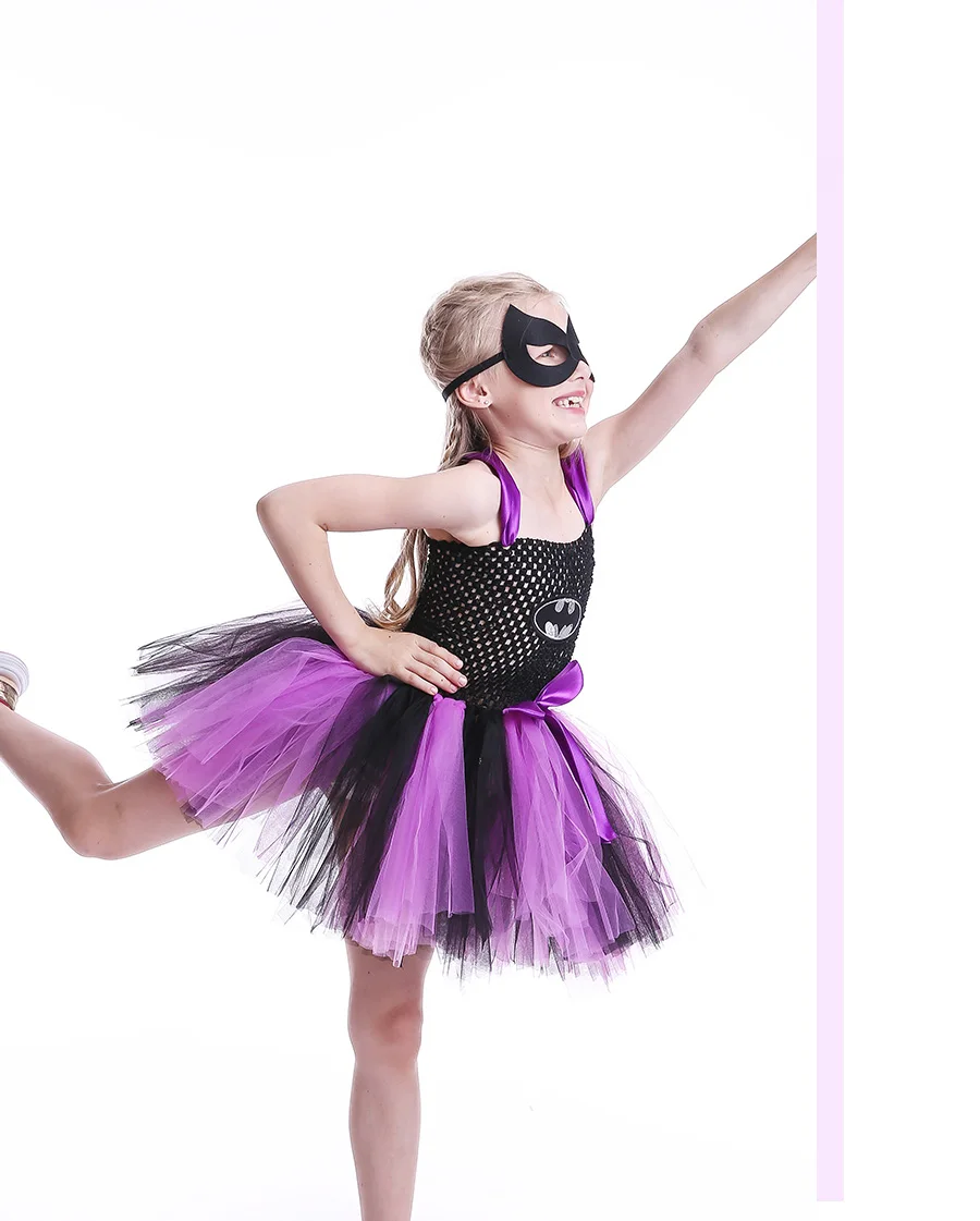 Bat Man Superhero Girls Tutu Dress with Mask Children Halloween Cosplay Costume Bat Girl Kids Tulle Party Dress Vestidos (7)