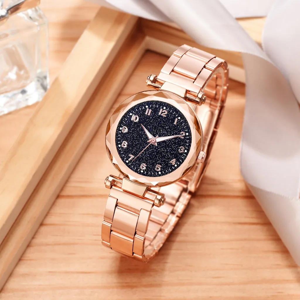 Fashion simple Women's watches gold Luminous cool Black star sky dial ladies steel belt Arabic numerals quartz Wristwatch #AWS
Fashion simple Women's watches gold Luminous cool Black star sky dial ladies steel belt Arabic numerals quartz Wristwatch #AWS