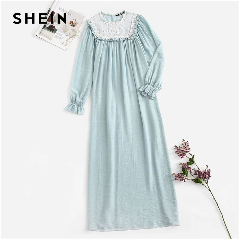 SHEIN Cute Blue Appliques Front Ruffle Trim Nightdress Spring Autumn Pleated Solid Sleepwear Women Nightwear Retro Nightgown
SHEIN Cute Blue Appliques Front Ruffle Trim Nightdress Spring Autumn Pleated Solid Sleepwear Women Nightwear Retro Nightgown