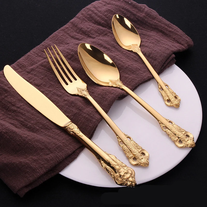 Stainless Steel Titanium Plated Golden Flatware Set 4 Piece, Vintage Silverware Set,Gold Emboss(Shiny Gold)
Stainless Steel Titanium Plated Golden Flatware Set 4 Piece, Vintage Silverware Set,Gold Emboss(Shiny Gold)