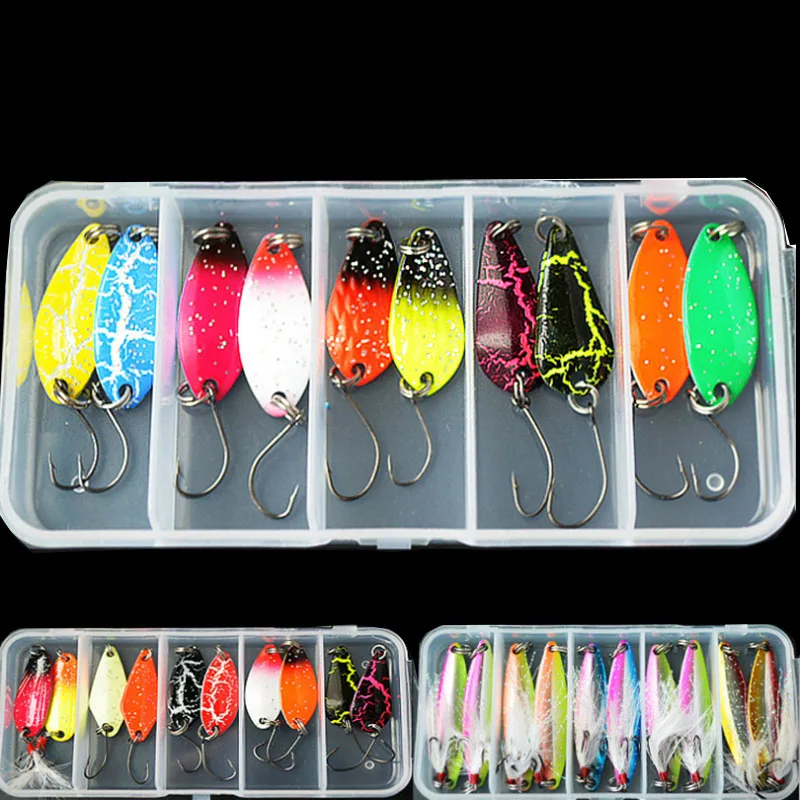 

New Mixed 10pcs/lot Assorted Fishing Lure Set Metal Fishing Baits Bass Spoon Spinner Bait With Sharp Fishing Tackle Box