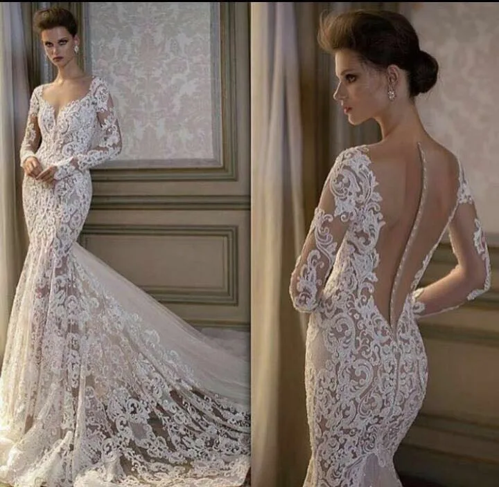 

Robe De Mariee Sirene 2016 Illusion Neckline Long Sleeves Wedding Dress Mermaid Lace See Through Floor Length Sexy Wedding Gowns