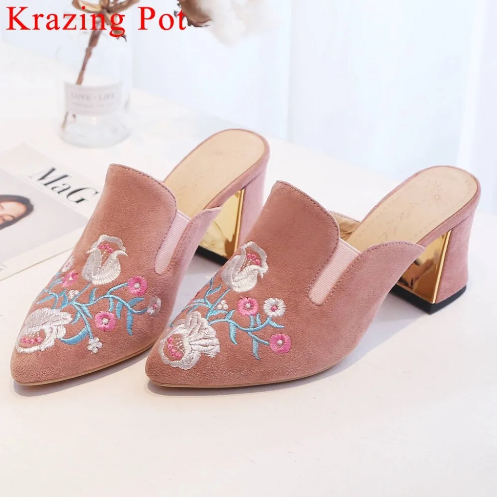 Krazing Pot new arrival Ethinic style flower embroidery slip on mules high heels pointed toe fashion runway slingback pumps L9f2
Krazing Pot new arrival Ethinic style flower embroidery slip on mules high heels pointed toe fashion runway slingback pumps L9f2