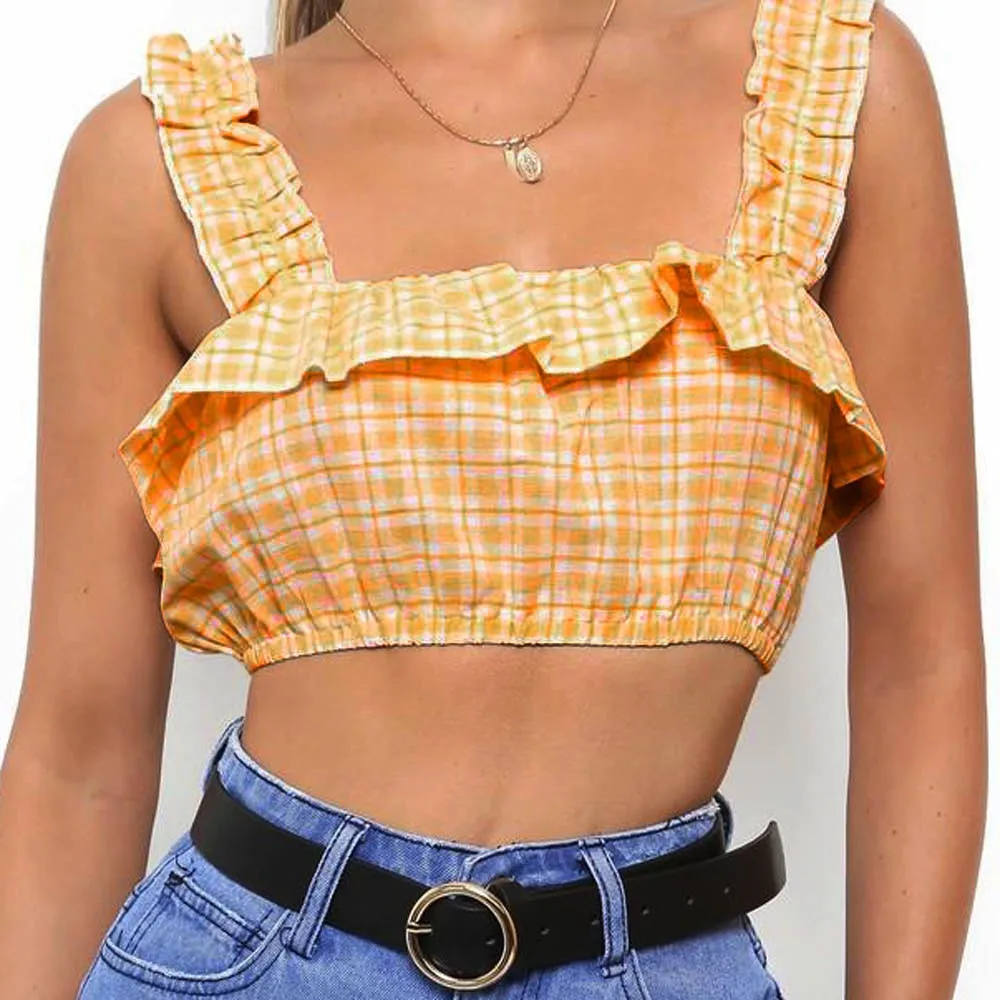 Fashion Women Tank Tops hot girl Vest Ruffles Halter Plaid Printed Camis super quality summer top Colete Feminino
Fashion Women Tank Tops hot girl Vest Ruffles Halter Plaid Printed Camis super quality summer top Colete Feminino