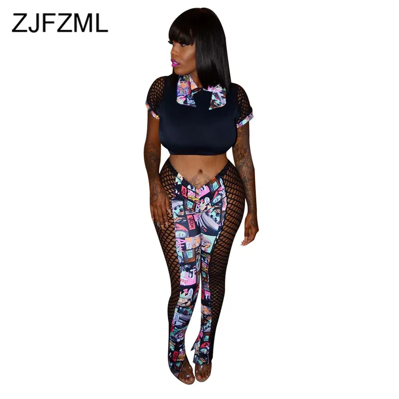 Cartoon Pattern Sexy Two Piece Tracksuit Women Turn Down Collar Short Sleeve Crop Top +Fishnet Hollow Pencil Pant Club Outfits
Cartoon Pattern Sexy Two Piece Tracksuit Women Turn Down Collar Short Sleeve Crop Top +Fishnet Hollow Pencil Pant Club Outfits