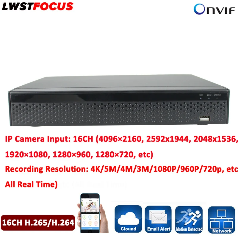 16-канальный H.265/H264 видеонаблюдения DVR видеорегистратор Регистраторы 1080 P Onvif Max 12