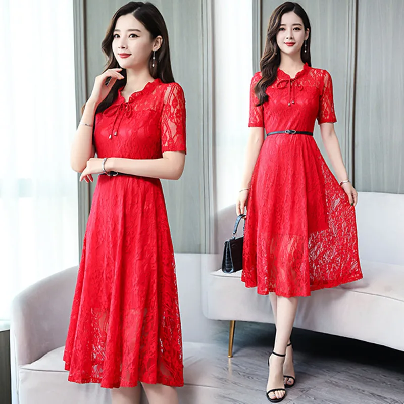 Red Basic Lace Dress O-neck Ruffled Tie up Solid Lace Dress Short Sleeve Slim Swing A-line Black Lace Dress
Red Basic Lace Dress O-neck Ruffled Tie up Solid Lace Dress Short Sleeve Slim Swing A-line Black Lace Dress