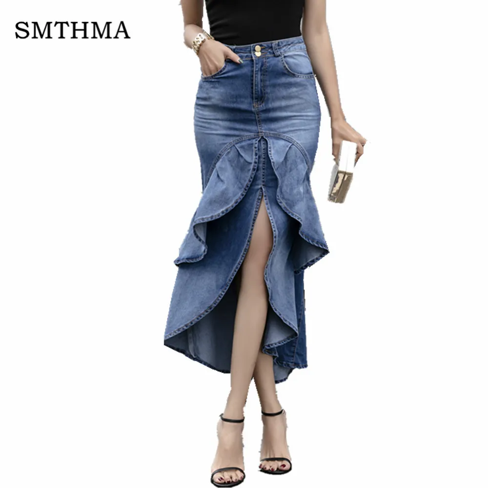 Vintage Ruffle Summer Skirt Women 2019 Korean Fashion High Waist Gradient Asymmetry Jeans Skirts Ladies Denim Mermaid Skirts 
Vintage Ruffle Summer Skirt Women 2019 Korean Fashion High Waist Gradient Asymmetry Jeans Skirts Ladies Denim Mermaid Skirts