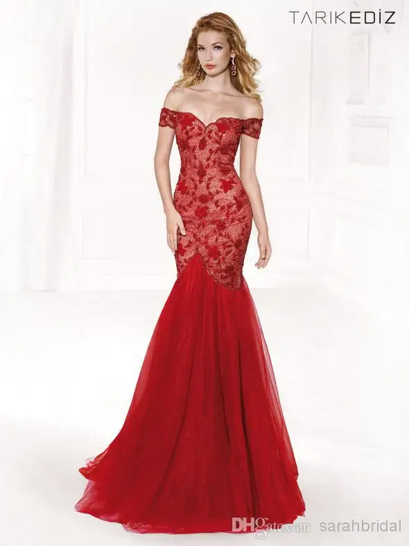 White Red Designer Lace Backless Cheap Mermaid Ball Gown 2014 Tarik Ediz Formal Evening Dresses Long Pageant Sexy Prom Dress Tulle Elegant