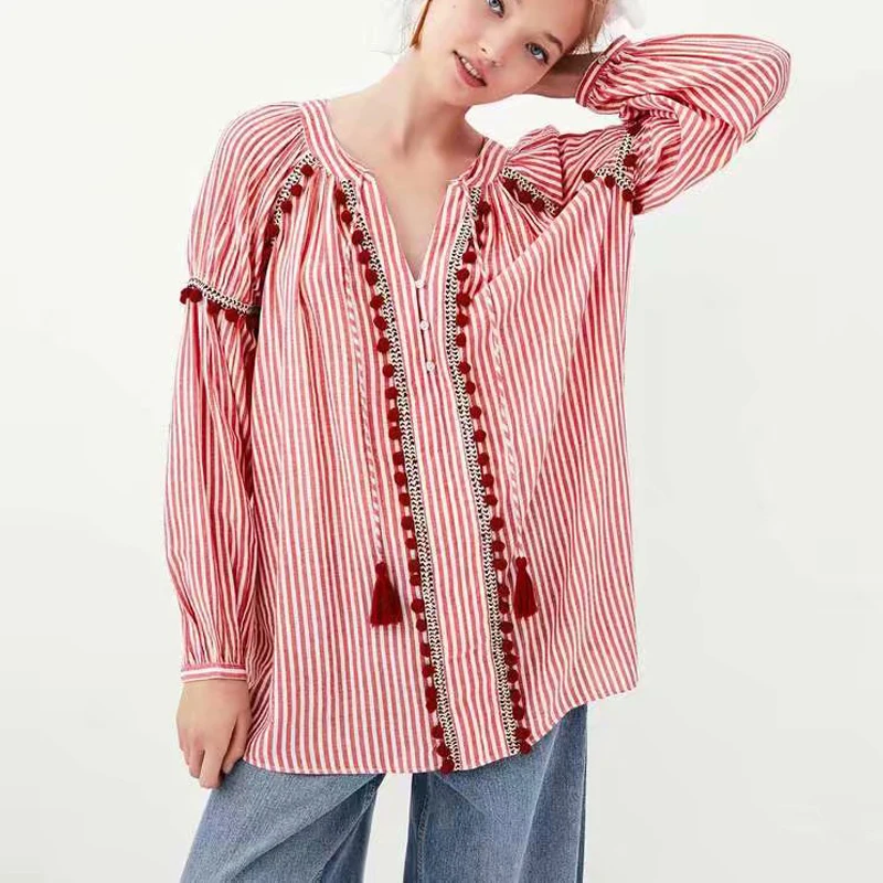 Boho Red Striped Tassel Women Blouse Spring Long Sleeve V-neck Loose lady Blouse Casual Tops New Cotton Womens Tops and Blouses
Boho Red Striped Tassel Women Blouse Spring Long Sleeve V-neck Loose lady Blouse Casual Tops New Cotton Womens Tops and Blouses