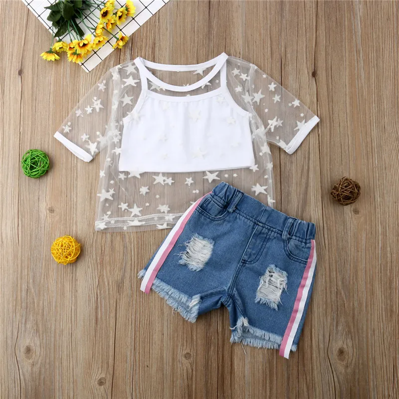 Fashion New Summer Kids Baby Girls Outfits Mesh Short Sleeve Crop Tops Side Striped Hole Denim Shorts 2Pcs Girl Sets 1-5Y
Fashion New Summer Kids Baby Girls Outfits Mesh Short Sleeve Crop Tops Side Striped Hole Denim Shorts 2Pcs Girl Sets 1-5Y