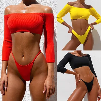 Sexy Off Shoulder Bikinis Women Long Sleeve Swimwear Thong Bikini Set Bandeau Swimsuit Low Waist Bathing Suit Maillot De Bain
Sexy Off Shoulder Bikinis Women Long Sleeve Swimwear Thong Bikini Set Bandeau Swimsuit Low Waist Bathing Suit Maillot De Bain