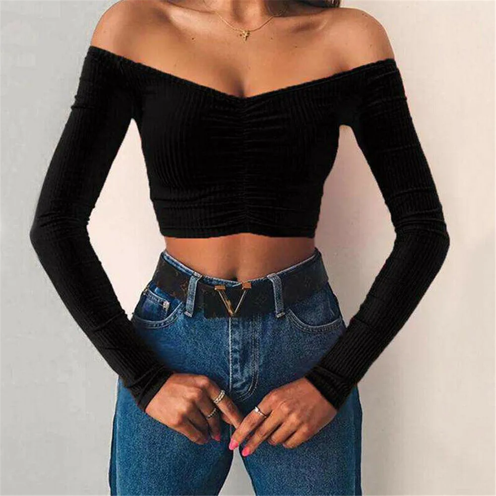 Women Summer Off Shoulder Top Vest Female Long Sleeve v-neck sexy Crop Tops Shirts camisetas verano mujer 2019 710
Women Summer Off Shoulder Top Vest Female Long Sleeve v-neck sexy Crop Tops Shirts camisetas verano mujer 2019 710