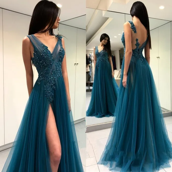 Sexy Teal Green Evening Dresses 2019 robe de soiree Open Back Side Split Formal Women Gowns Arabic A Line Special Occasion Dress
Sexy Teal Green Evening Dresses 2019 robe de soiree Open Back Side Split Formal Women Gowns Arabic A Line Special Occasion Dress