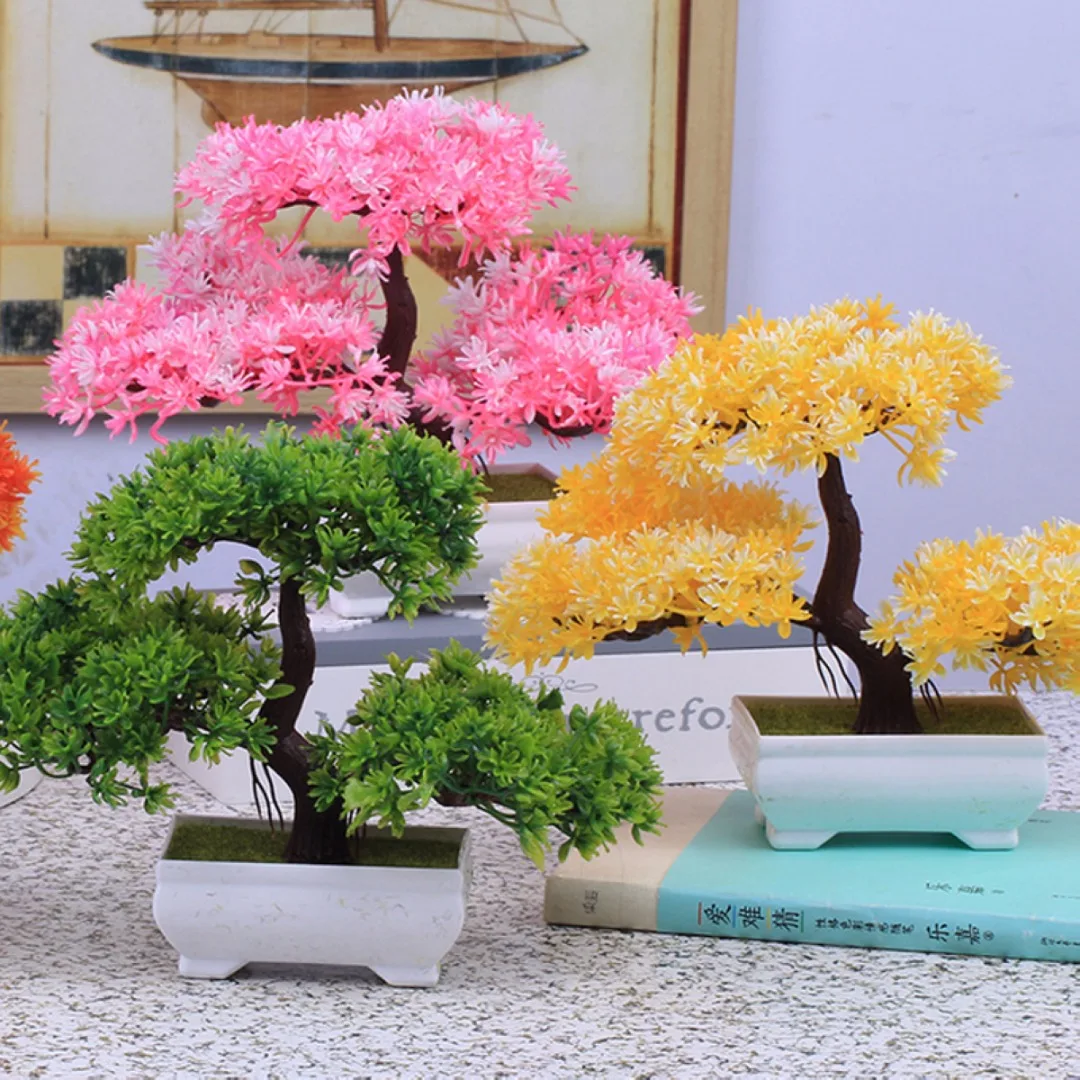 New Plastic Resin Bonsai Tree Artificial Plant Decoration For Office Home 18cm 6 Colors