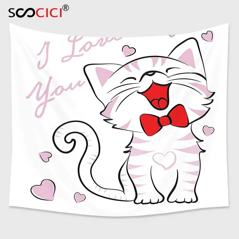 

Cutom Tapestry Wall Hanging,Cat Lover Decor Collection Cheerful Cat with Bow Tie and I Love You Message Hearts Joyful Artwork