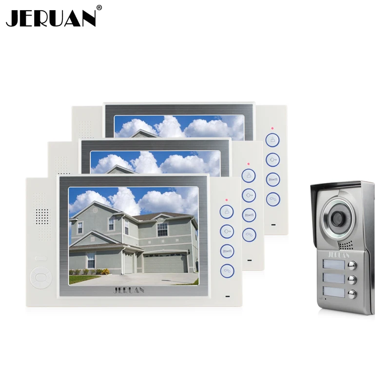 

JERUAN 8 Inch Door Phone Doorbell System IR Kit Camera 3 House 1 Outdoor Video Recording Photo Taking Intercom