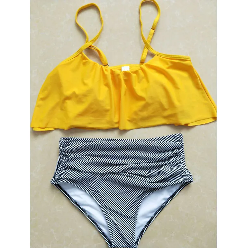 

KEKAKA S-XXL Plus Size Falbala High Waist Swimwear Women Yellow Push Up Flounce Ruched Crop Bikini 2018 Sexy Beach Bathing Suit