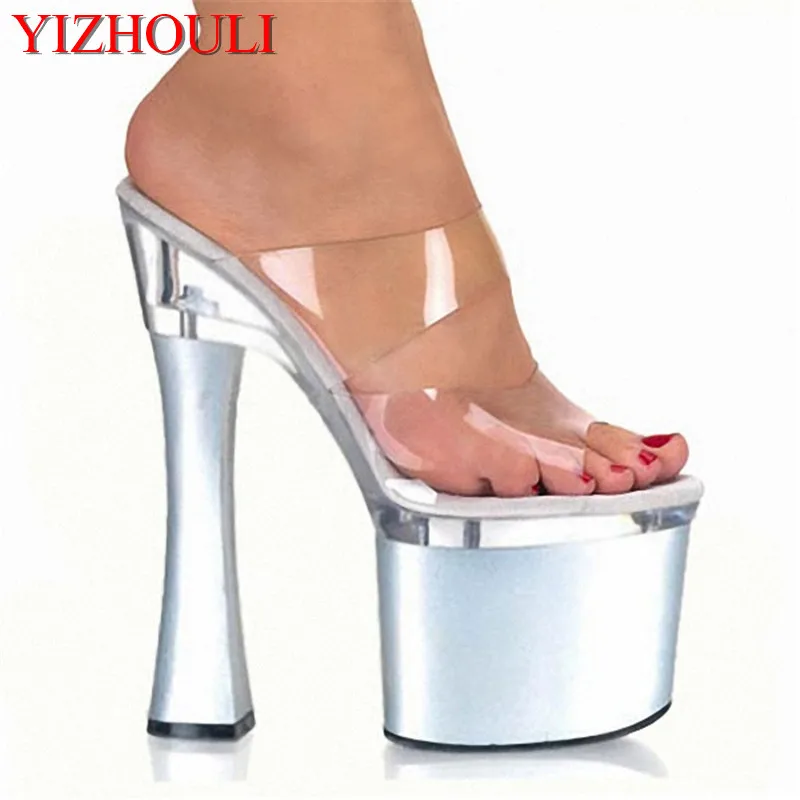 

Silver Transparent Platform Sandals 18cm High-Heeled Shoes Sexy Hand Made Stripper Shoes 7 Inch Stiletto With Platform