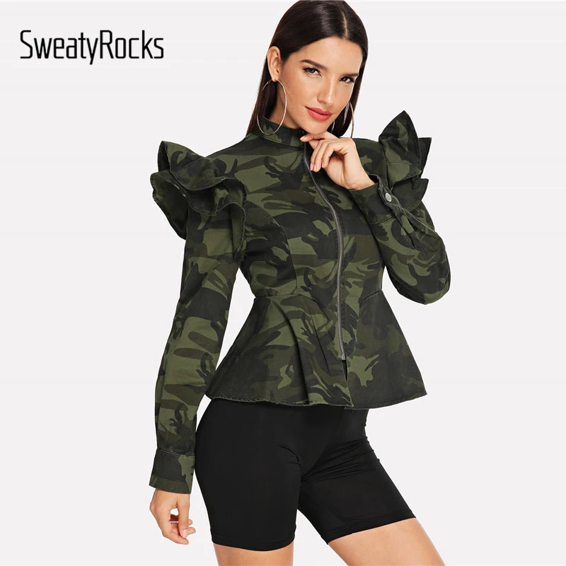 

SweatyRocks Camouflage Zip Up Ruffle Armhole Camo Peplum Coat Stand Collar Long Sleeve 2018 Autumn Steetwear Women Casual Coats