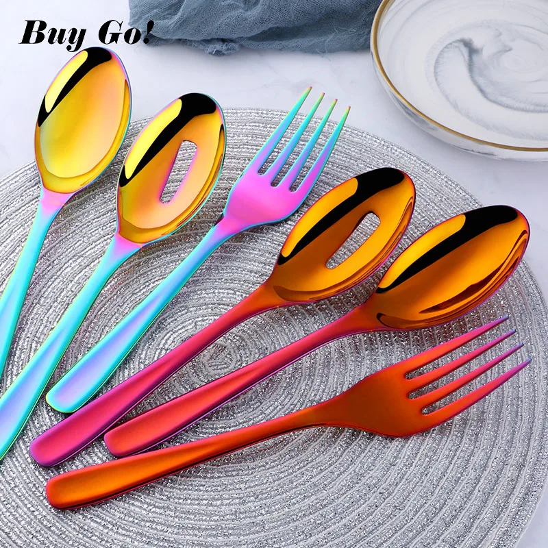 3 PCS Big Size Tableware Serving Spoons & Fork Salad Iridescent Rainbow 8 Colors 18/10 Stainless Steel Kitchen Colander Spoon
3 PCS Big Size Tableware Serving Spoons & Fork Salad Iridescent Rainbow 8 Colors 18/10 Stainless Steel Kitchen Colander Spoon