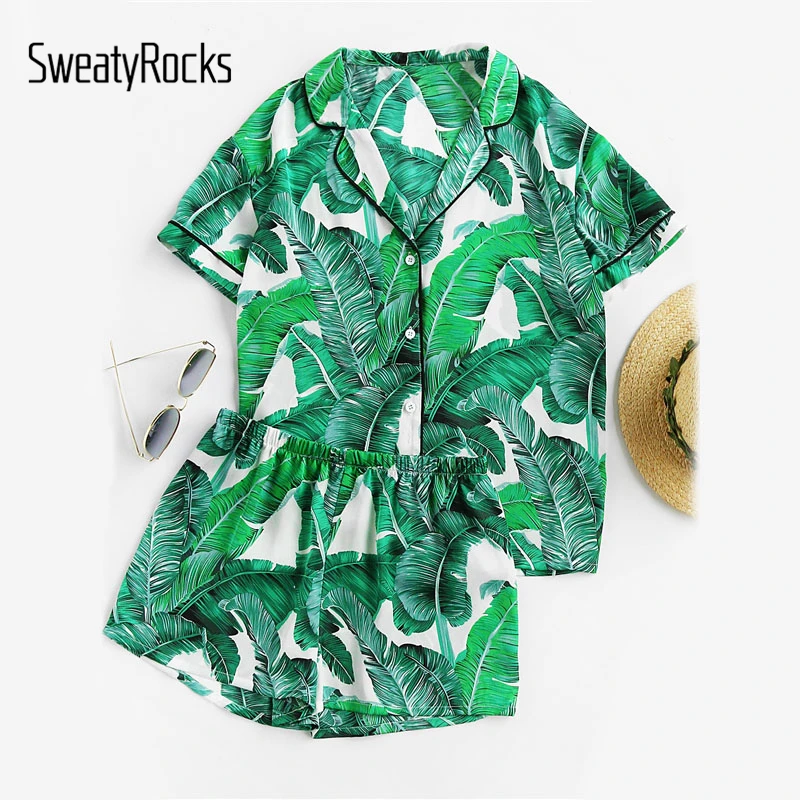 SweatyRocks Green Palm Leaf Print Revere Collar Pajama Set Summer Casual Sleepwear Women Elastic Waist Sleepwear With Botton
SweatyRocks Green Palm Leaf Print Revere Collar Pajama Set Summer Casual Sleepwear Women Elastic Waist Sleepwear With Botton
