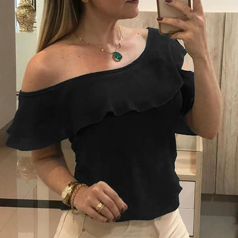 2019 Women Short Sleeve Ruffles Blouses Summer Ladies Solid Color Shirt Female Sexy Slanted Shoulder Ruffled Chiffon Shirt
2019 Women Short Sleeve Ruffles Blouses Summer Ladies Solid Color Shirt Female Sexy Slanted Shoulder Ruffled Chiffon Shirt