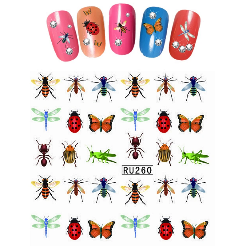Nail Sticker CARTOON INSECT LADY BUG BEE BEATLES FLY MOSQUITO COCKROACH GRASS HOPPER CATERPILLAR RU260-265