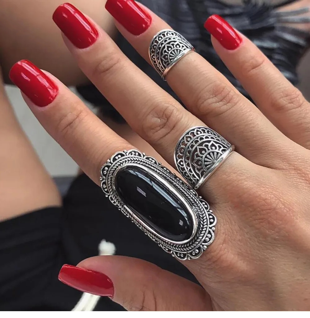 Женский комплект колец WLP богемное кольцо в стиле панк с большим черным камнем и
